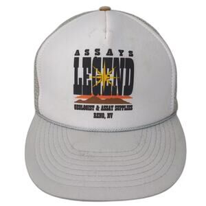 Nissin Cap Trucker Hat Gray White OS Legend Assays Geologist Reno NV Mesh Hat